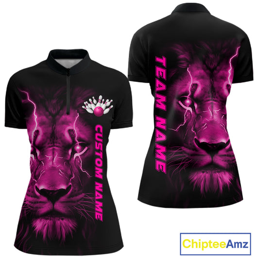 Custom Pink Thunder Lightning Lion Bowling Shirt For Women, Lion Bowling Team Jerseys IPHW10670