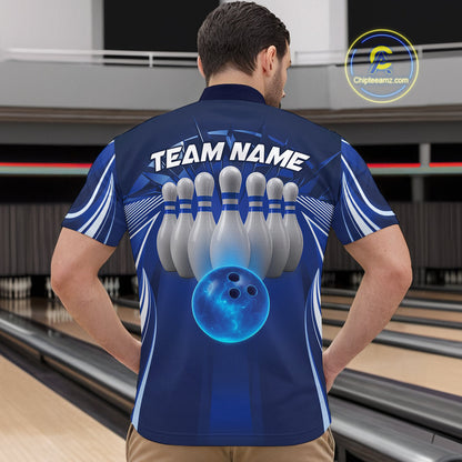 Custom Blue Bowling Tournament Bowling Quarter-Zip Shirts For Men With Team Name IPHW9280