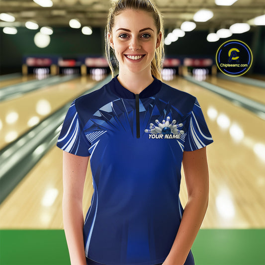 Custom Blue Bowling Tournament Bowling Women Quarter-Zip Shirts With Team Name IPHW9280