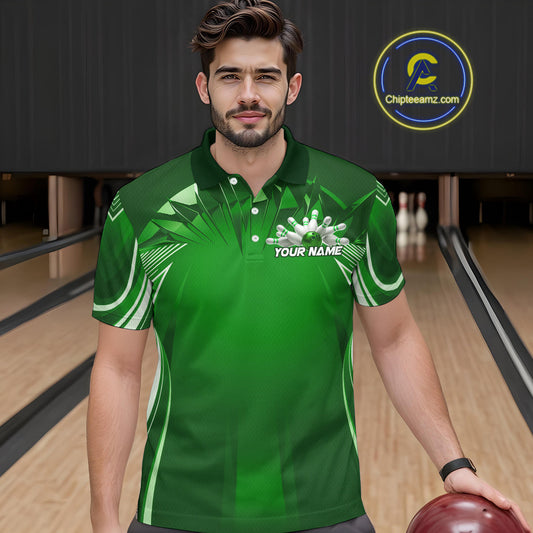 Custom Green Bowling Tournament Bowling Polo Shirts For Men With Team Name IPHW9281