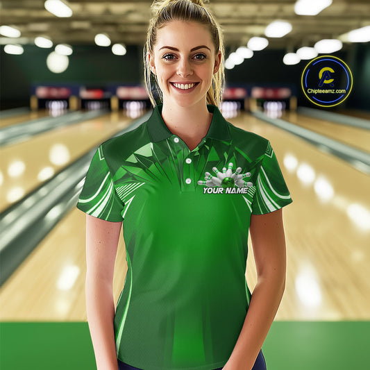 Custom Green Bowling Tournament Bowling Polo Shirts For Women With Team Name IPHW9281