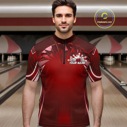 Custom Red Bowling Tournament Bowling Quarter-Zip Shirts For Men With Team Name IPHW9282