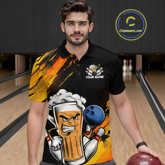 Custom Black And Yellow Funny Bowling And Beer Jerseys, Bowling Team Men Polo Shirts IPHW9605