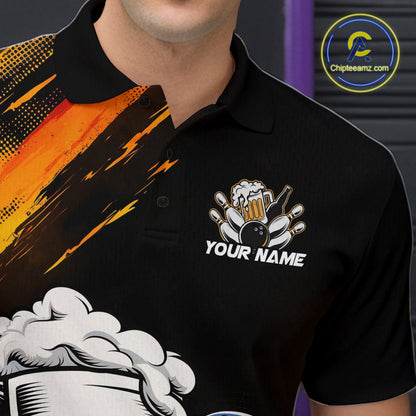 Custom Black And Yellow Funny Bowling And Beer Jerseys, Bowling Team Men Polo Shirts IPHW9605
