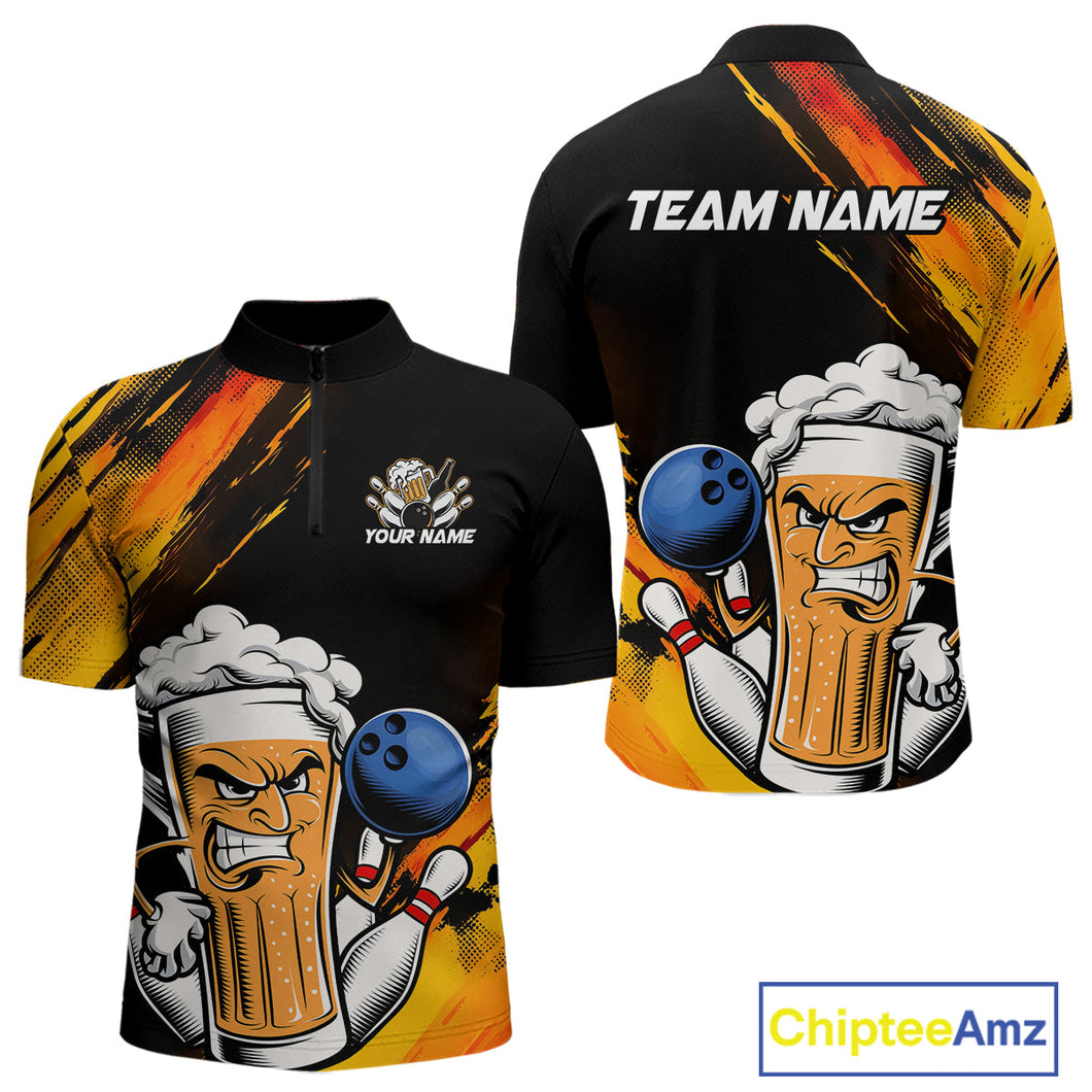 Custom Black And Yellow Funny Bowling And Beer Jerseys, Bowling Team Men Quarter-Zip Shirts IPHW9605