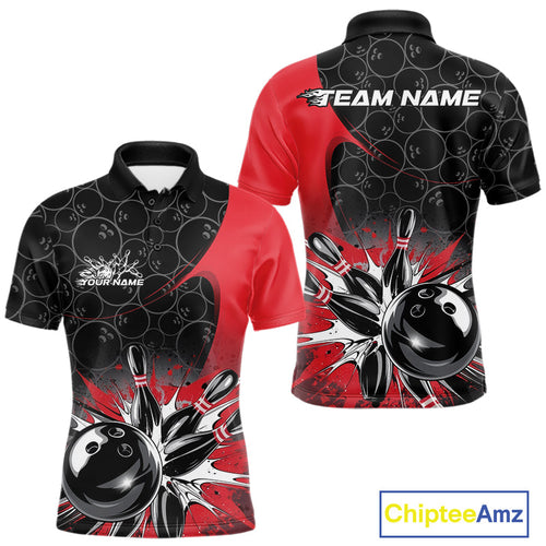Custom Red Bowling Team Polo Shirts For Men, Bowling Pattern Bowling League Shirt IPHW9623
