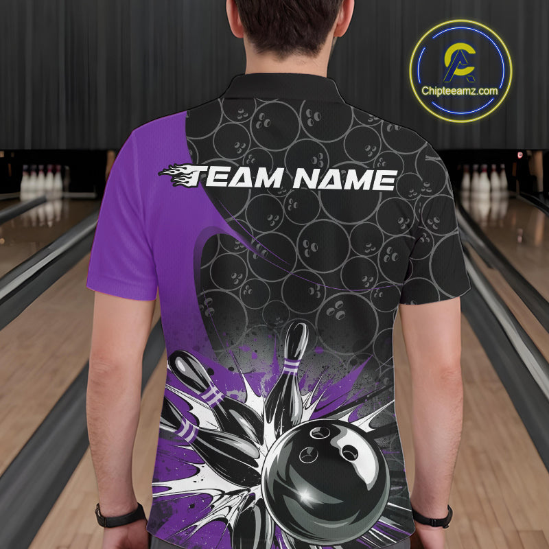 Custom Purple Bowling Team Polo Shirts For Men, Bowling Pattern Bowling League Shirt IPHW9624