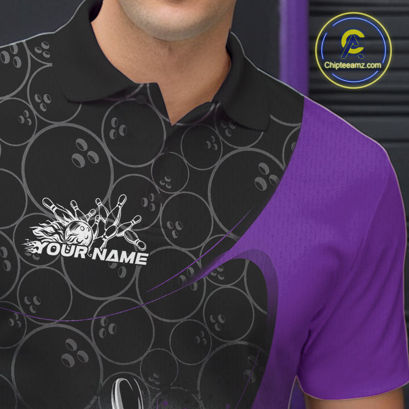 Custom Purple Bowling Team Polo Shirts For Men, Bowling Pattern Bowling League Shirt IPHW9624