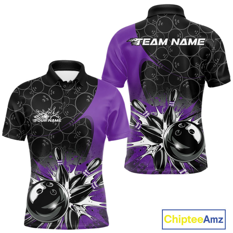 Custom Purple Bowling Team Polo Shirts For Men, Bowling Pattern Bowling League Shirt IPHW9624