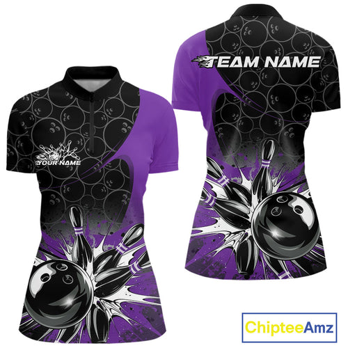 Custom Purple Bowling Team Women Quarter Zip Shirt, Bowling Pattern Bowling League Shirt IPHW9624