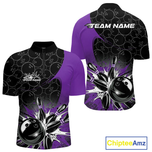 Custom Purple Bowling Team Quarter-Zip Shirts For Men, Bowling Pattern Bowling League Shirt IPHW9624