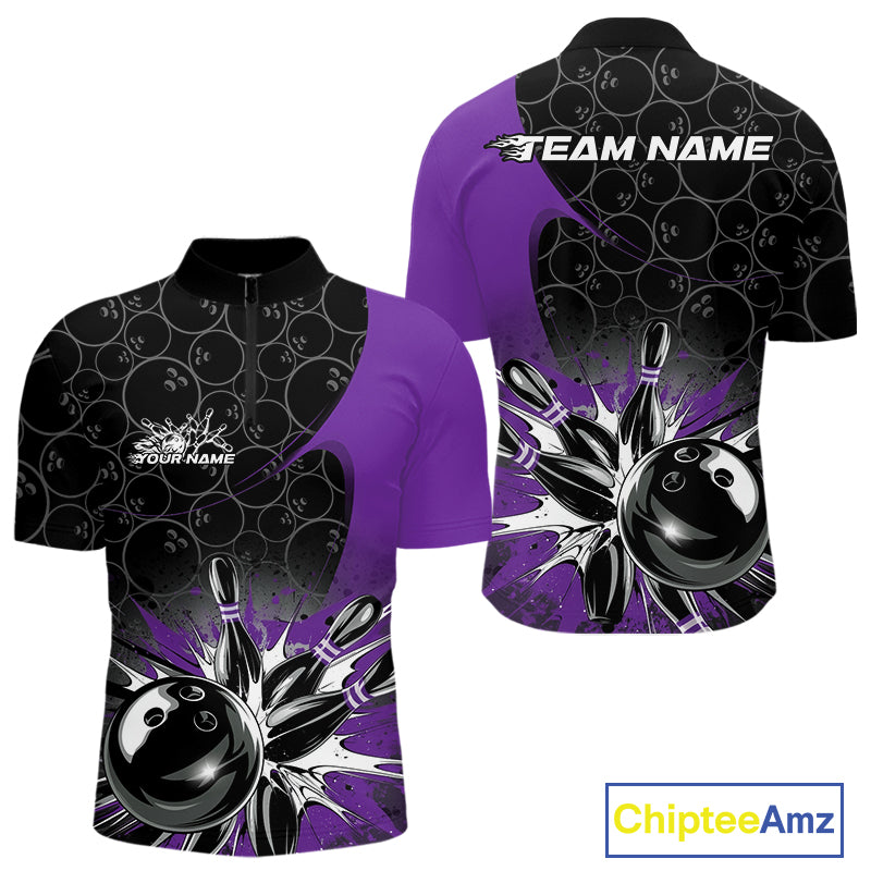 Custom Purple Bowling Team Quarter-Zip Shirts For Men, Bowling Pattern Bowling League Shirt IPHW9624