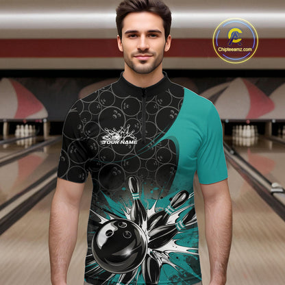 Custom Blue Bowling Team Quarter-Zip Shirts For Men, Bowling Pattern Bowling League Shirt IPHW9625