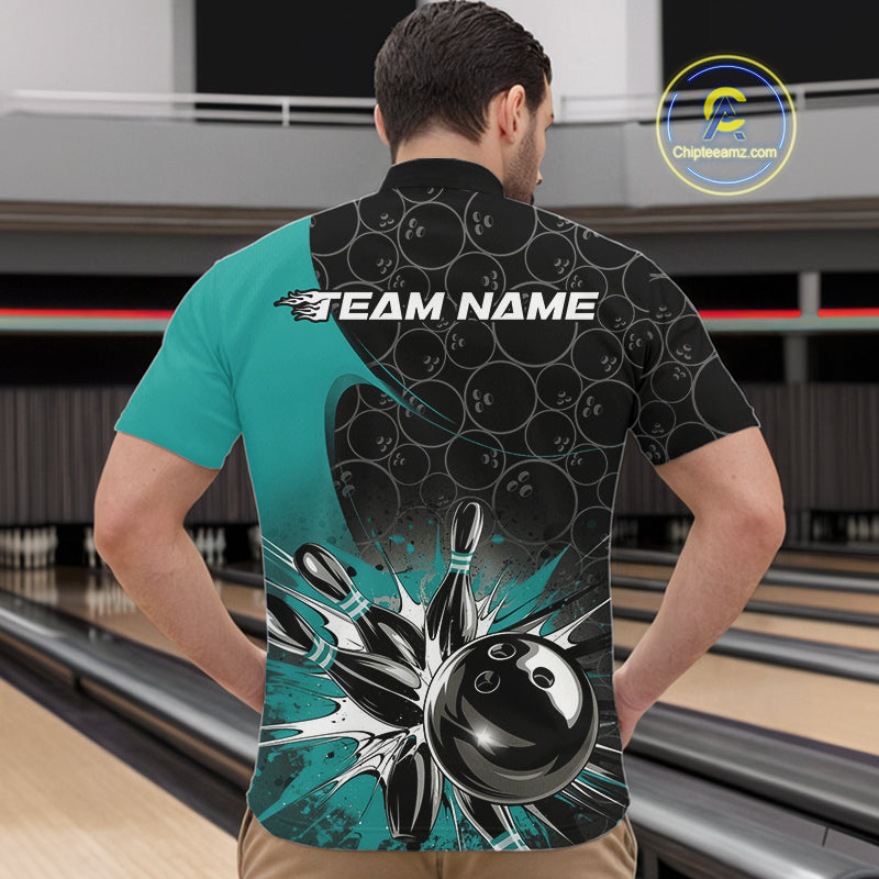 Custom Blue Bowling Team Quarter-Zip Shirts For Men, Bowling Pattern Bowling League Shirt IPHW9625