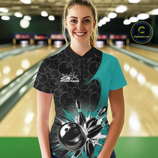 Custom Blue Bowling Team Women Quarter Zip Shirt, Bowling Pattern Bowling League Shirt IPHW9625
