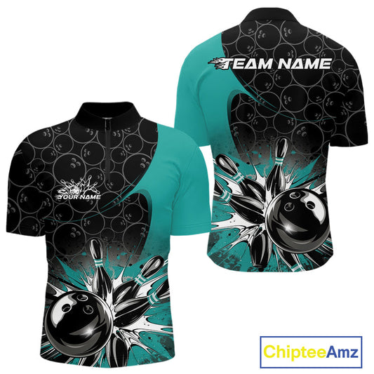 Custom Blue Bowling Team Quarter-Zip Shirts For Men, Bowling Pattern Bowling League Shirt IPHW9625