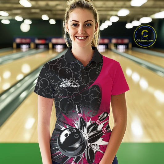 Custom Pink Bowling Team Polo Shirts For Women, Bowling Pattern Bowling League Shirt IPHW9626