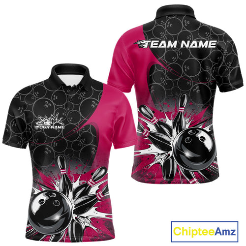 Custom Pink Bowling Team Polo Shirts For Men, Bowling Pattern Bowling League Shirt IPHW9626