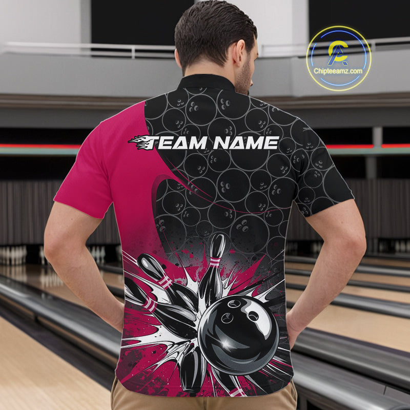 Custom Pink Bowling Team Quarter-Zip Shirts For Men, Bowling Pattern Bowling League Shirt IPHW9626