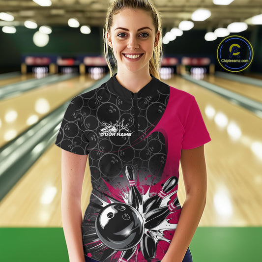 Custom Pink Bowling Team Women Quarter Zip Shirt, Bowling Pattern Bowling League Shirt IPHW9626
