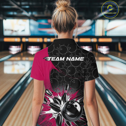 Custom Pink Bowling Team Women Quarter Zip Shirt, Bowling Pattern Bowling League Shirt IPHW9626