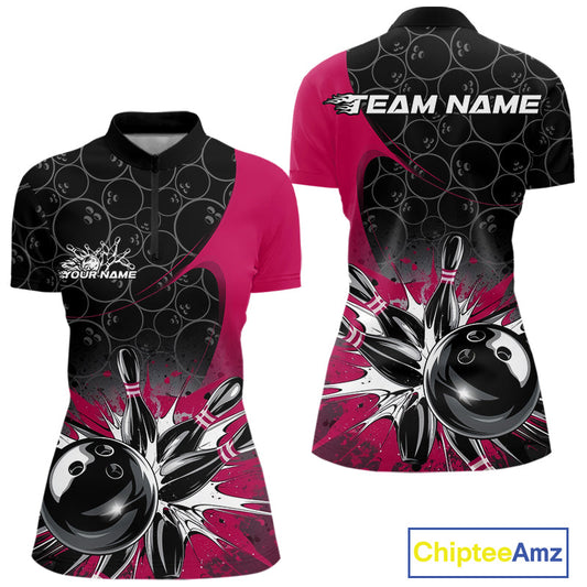 Custom Pink Bowling Team Women Quarter Zip Shirt, Bowling Pattern Bowling League Shirt IPHW9626