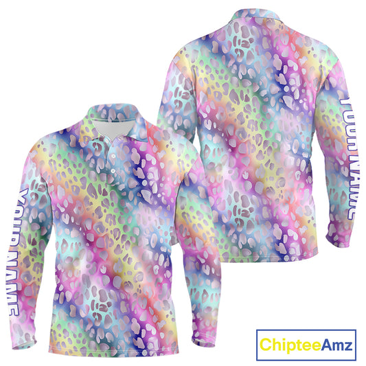 Colorful Neon Rainbow leopard pattern Mens Golf Polo Shirts Custom men's golf outfits, cool golf gift NQS10244