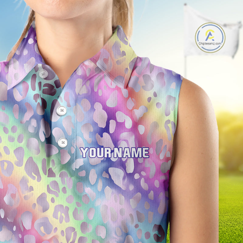 Colorful Neon Rainbow leopard pattern Women Sleeveless Polo Shirt Custom ladies golf outfit NQS10244