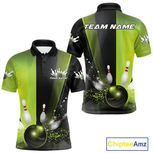 Custom Black And Green Bowling Jerseys, Glowing Motion Graphic Bowling Men Polo Shirt IPHW9443