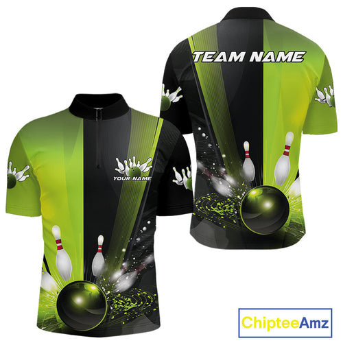 Custom Black And Green Bowling Jerseys, Glowing Motion Graphic Bowling Men Quarter-Zip Shirt IPHW9443