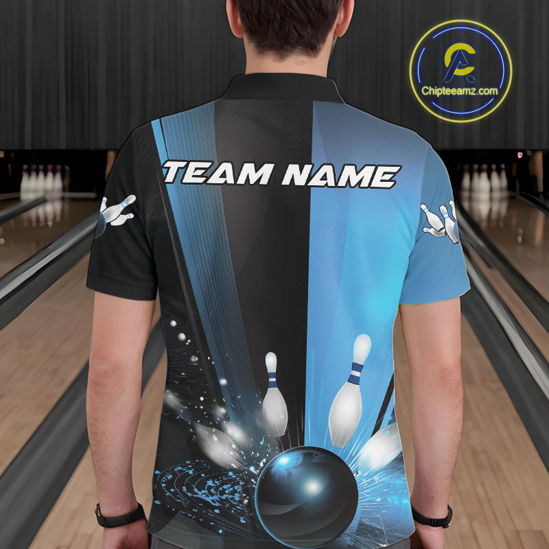 Custom Black And Blue Bowling Jerseys, Glowing Motion Graphic Bowling Men Polo Shirt IPHW9444