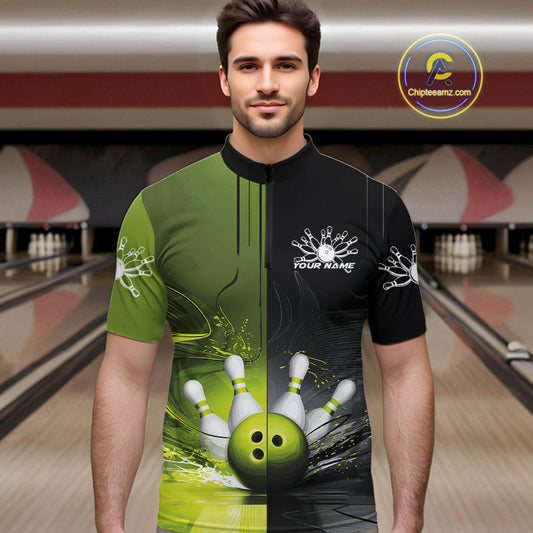 Half Black Half Green Custom Bowling Team Quarter-Zip Shirts For Men, Bowling Tournament Shirt IPHW9445