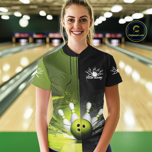 Half Black Half Green Custom Bowling Women Quarter-Zip Shirt, Bowling Tournament Shirt IPHW9445