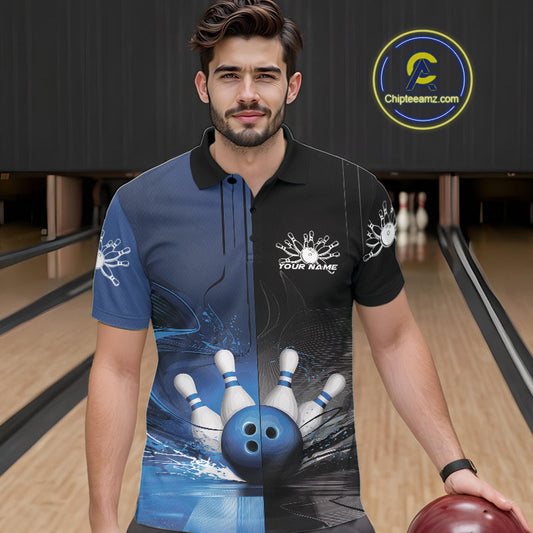 Half Black Half Blue Custom Bowling Team Polo Shirts For Men, Bowling Tournament Shirt IPHW9446