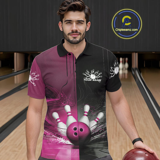Half Black Half Pink Custom Bowling Team Polo Shirts For Men, Bowling Tournament Shirt IPHW9447