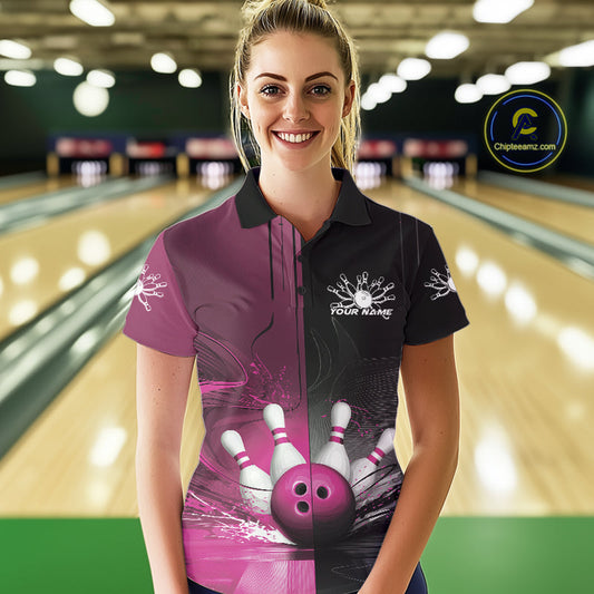 Half Black Half Pink Custom Bowling Team Polo Shirts For Women, Bowling Tournament Shirt IPHW9447