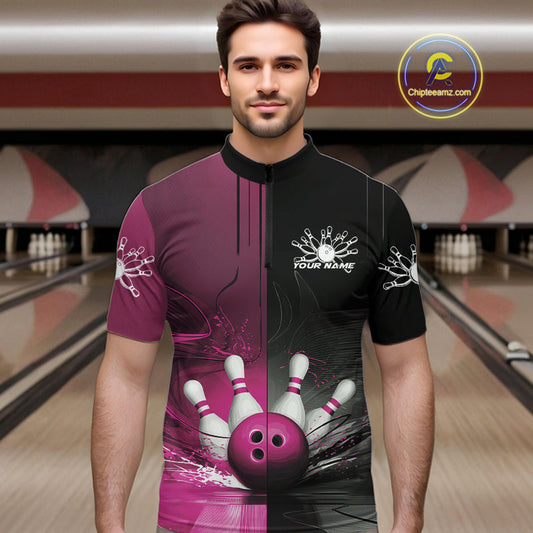 Half Black Half Pink Custom Bowling Team Quarter-Zip Shirts For Men, Bowling Tournament Shirt IPHW9447