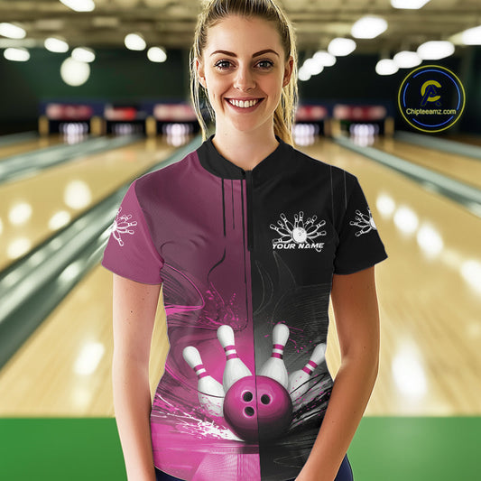Half Black Half Pink Custom Bowling Women Quarter-Zip Shirt, Bowling Tournament Shirt IPHW9447