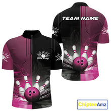 Load image into Gallery viewer, Half Black Half Pink Custom Bowling Team Quarter-Zip Shirts For Men, Bowling Tournament Shirt IPHW9447