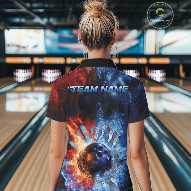 Custom Red Fire Blue Water Explosion Bowling Team Polo Shirts For Women, Bowling Uniform IPHW9448