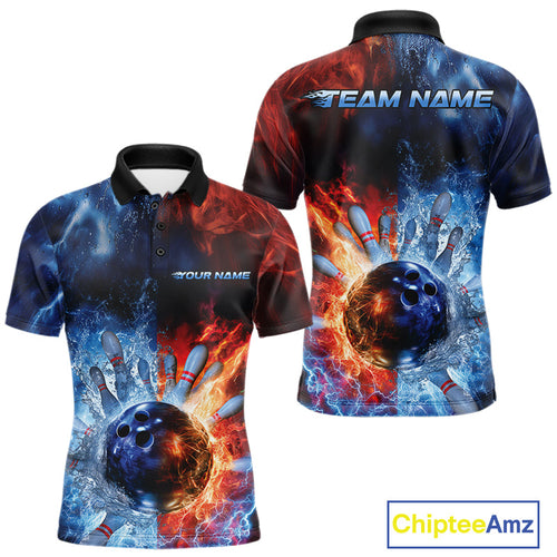 Custom Red Fire Blue Water Explosion Bowling Team Polo Shirts For Men, Bowling Uniform IPHW9448