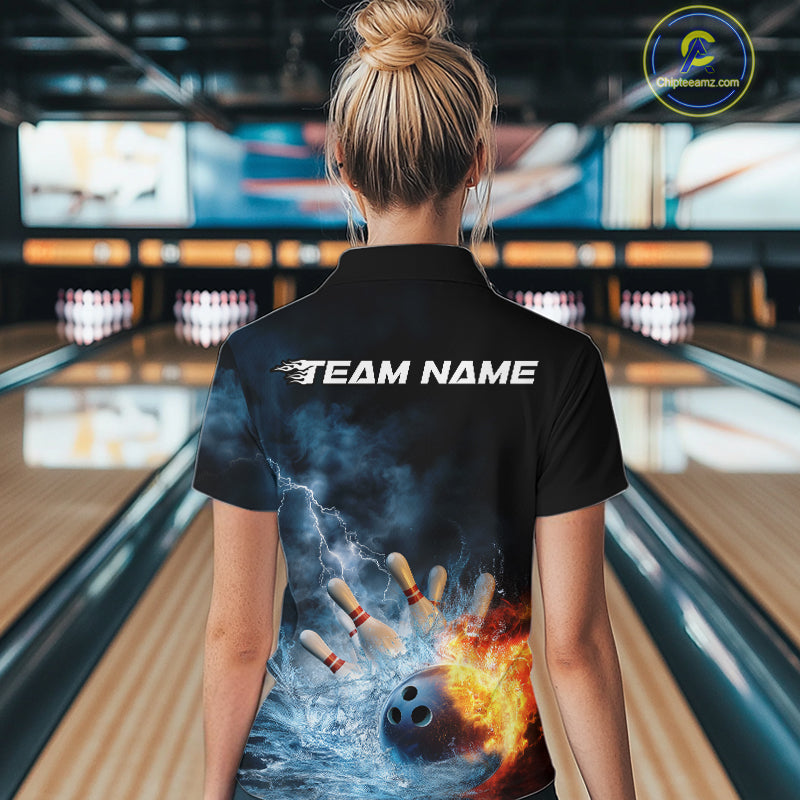 Custom Water And Fire Bowling Team Women Quarter-Zip Shirt, Lightning Bowling Uniform IPHW9450