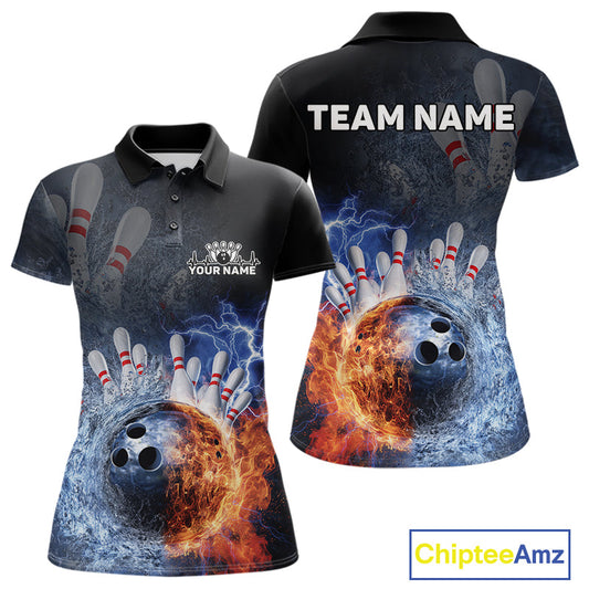Custom Lightning, Fire And Water Splash Energy Burst Bowling Team Polo Shirts For Women IPHW9451
