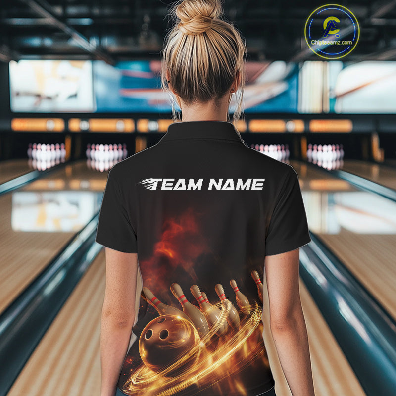 Custom Golden Glowing Effect Light Trails Bowling Team Women Polo Shirts, Bowling Jersey IPHW9452