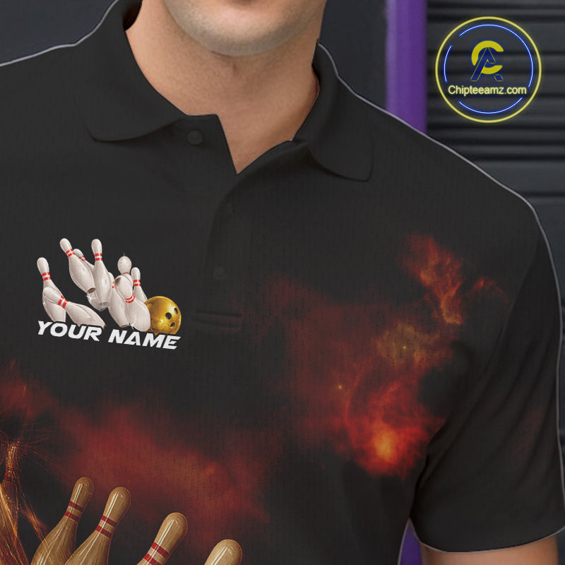 Custom Black And Gold Fire Energy Streaks Bowling Team Men Polo Shirts, Bowling Uniform IPHW9453