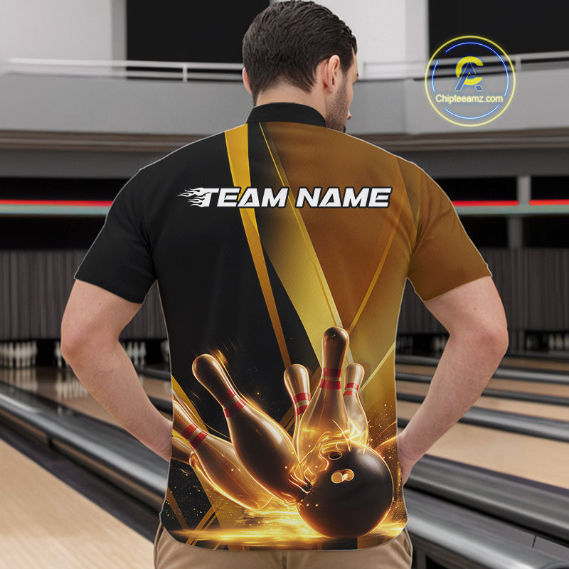 Custom Black And Glowing Gold Bowling Team Men Quarter-Zip Shirts, Golden Bowling Jerseys IPHW9454