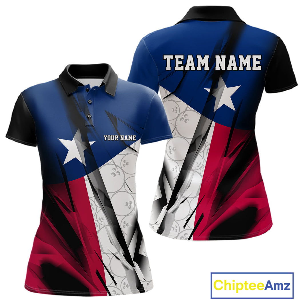 Custom Texas Flag Bowling Team Women Polo Shirts, Texas Bowling League Shirt Team Uniform IPHW9634