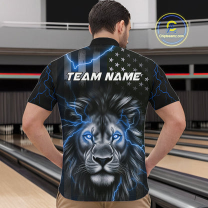 Custom Blue Thunder Lightning Patriotic Lion Quarter-Zip Shirts For Men, US Flag Bowling Jerseys IPHW9323