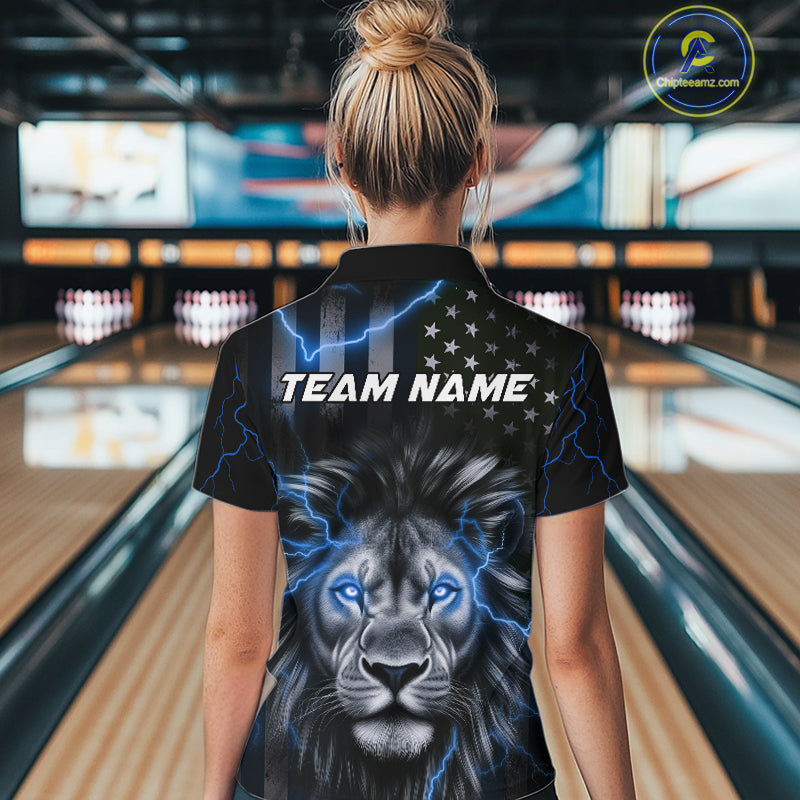 Custom Blue Thunder Lightning Patriotic Lion Women Quarter-Zip Shirt, US Bowling Jersey IPHW9323