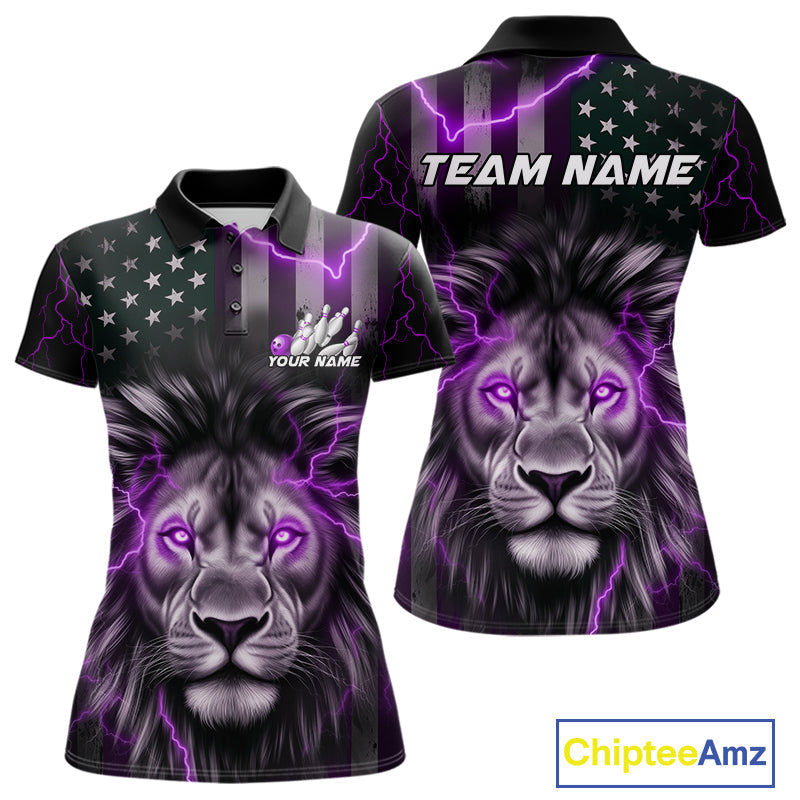 Custom Purple Thunder Lightning Patriotic Lion Women Polo Shirts, US Flag Bowling Jerseys IPHW9324